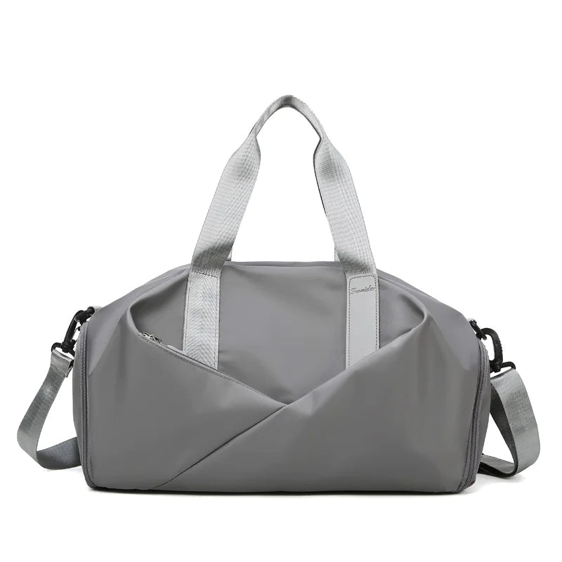 Lightweight nylon gym duffel bag with wet compartment and pockets