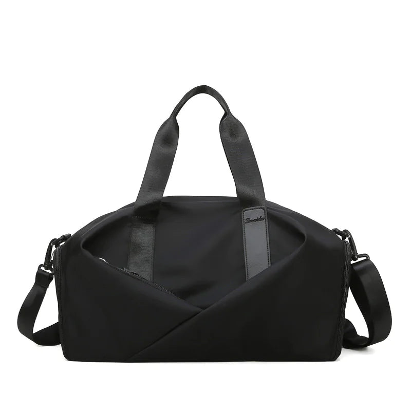 Lightweight nylon gym duffel bag with wet compartment and pockets